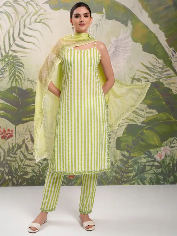 Vishudh Women Lime Green Women Kurta With Trousers And Dupatta