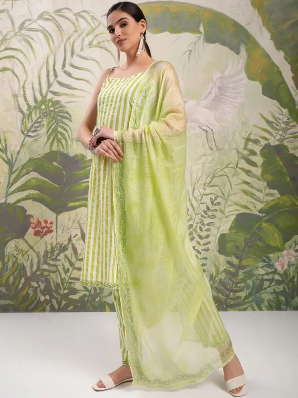 Vishudh Women Lime Green Women Kurta With Trousers And Dupatta