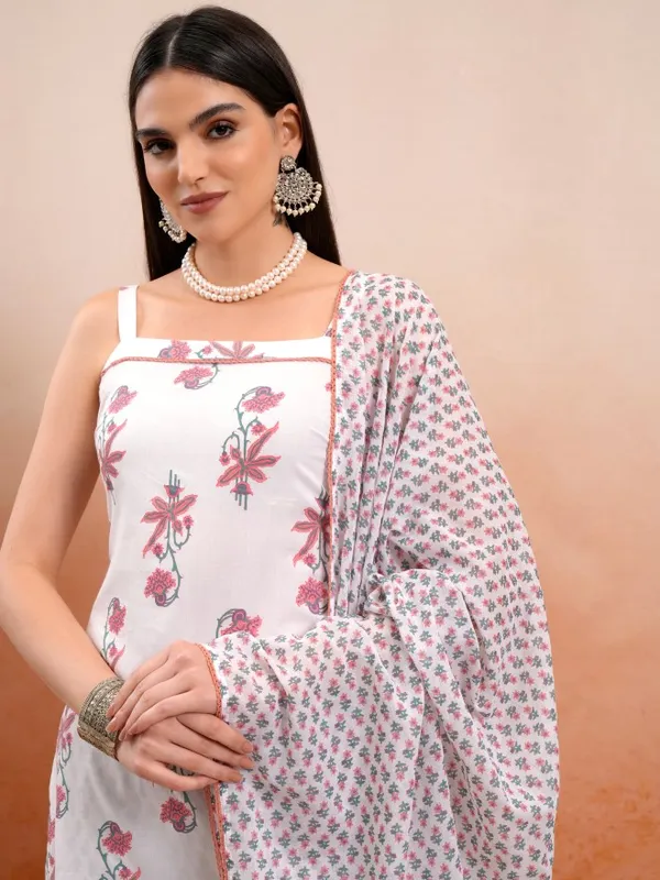 Vishudh Women White Printed Kurta With Trousers And Dupatta