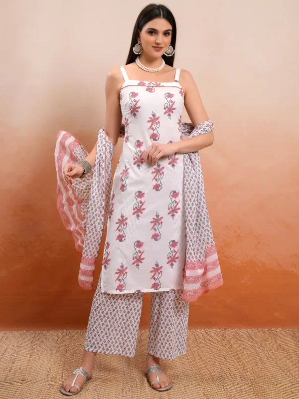 Vishudh Women White Printed Kurta With Trousers And Dupatta