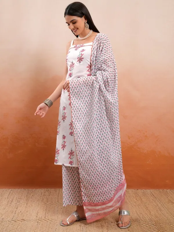 Vishudh Women White Printed Kurta With Trousers And Dupatta