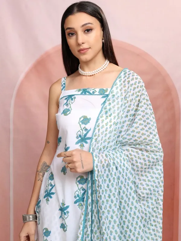 Vishudh Women White Printed Kurta With Trousers And Dupatta