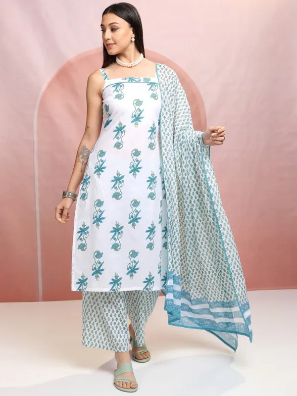 Vishudh Women White Printed Kurta With Trousers And Dupatta