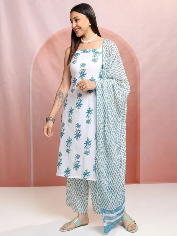 Vishudh Women White Printed Kurta With Trousers And Dupatta