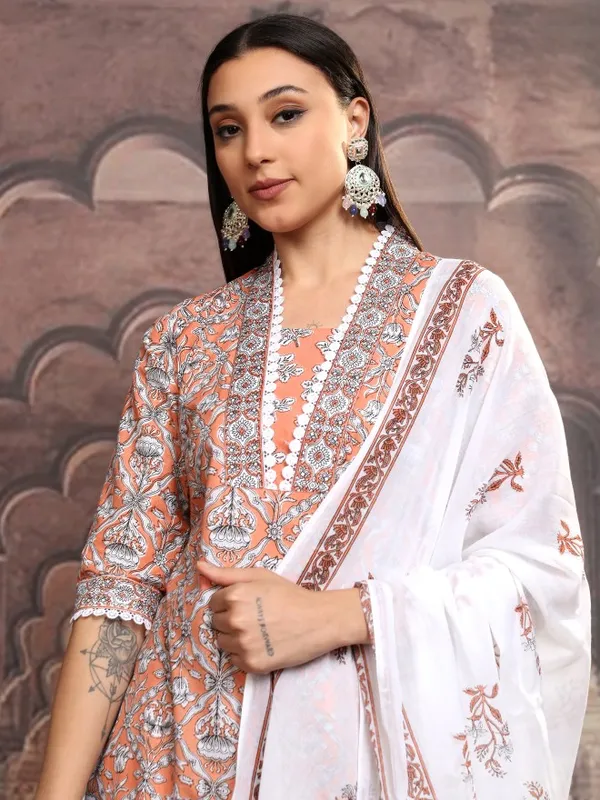 Vishudh Women White Printed Kurta With Trousers And Dupatta