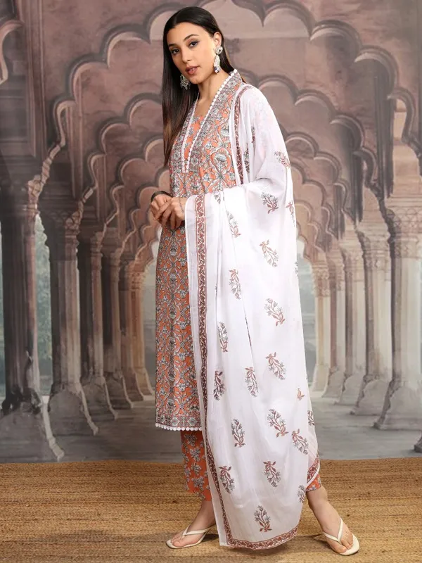 Vishudh Women White Printed Kurta With Trousers And Dupatta