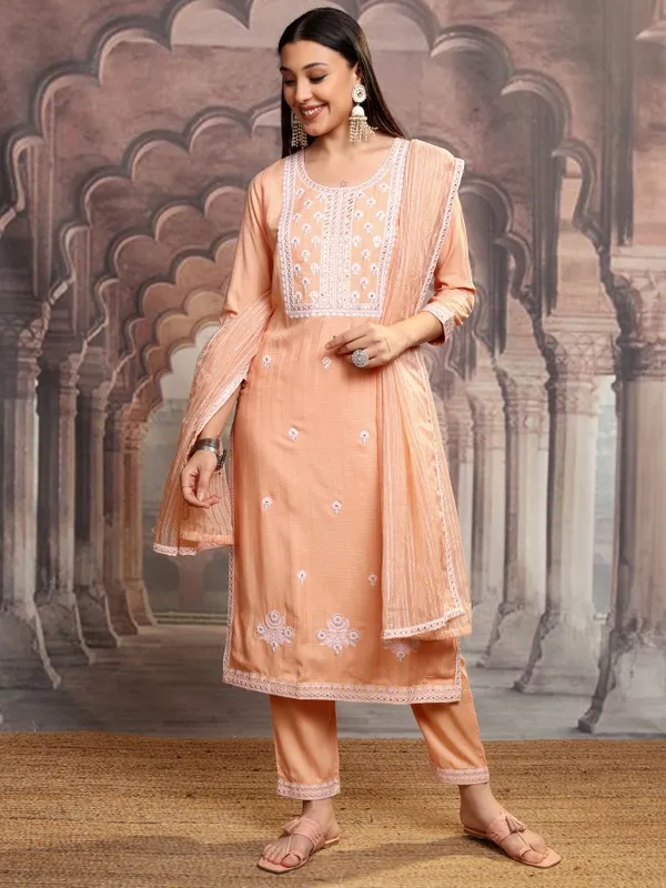 Vishudh Women Orange Embroidered Kurta With Trousers