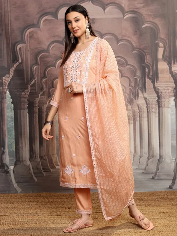 Vishudh Women Orange Embroidered Kurta With Trousers