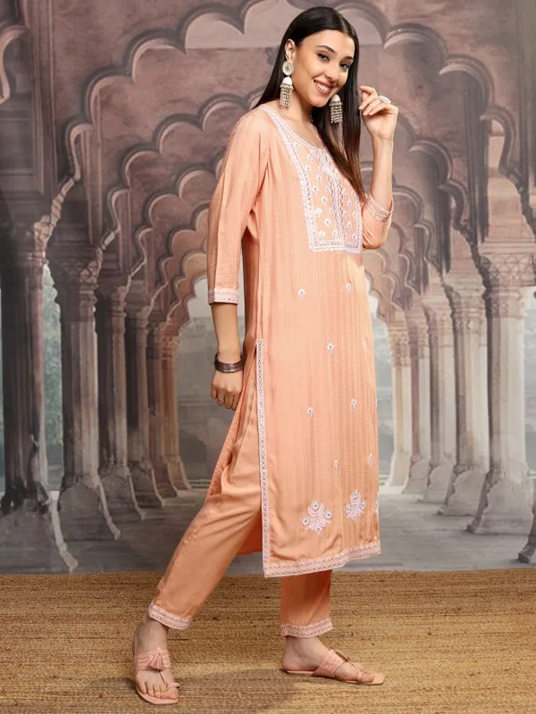 Vishudh Women Orange Embroidered Kurta With Trousers