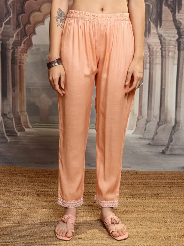 Vishudh Women Orange Embroidered Kurta With Trousers