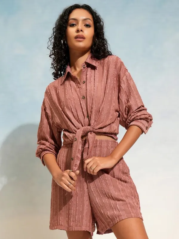 Tokyo Talkies Women Terracotta Shirt With Shorts Co-Ords