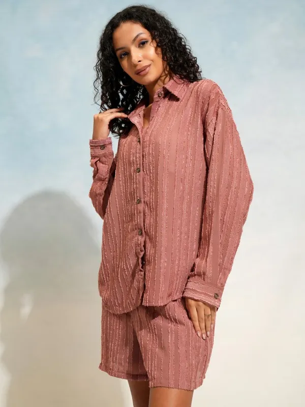 Tokyo Talkies Women Terracotta Shirt With Shorts Co-Ords