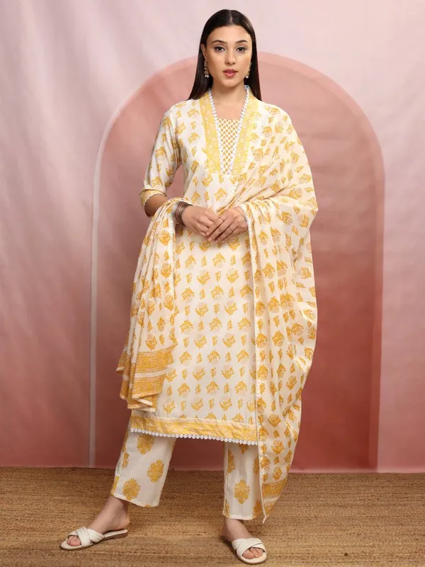 Vishudh Women Cream Printed Kurta With Trousers And Dupatta