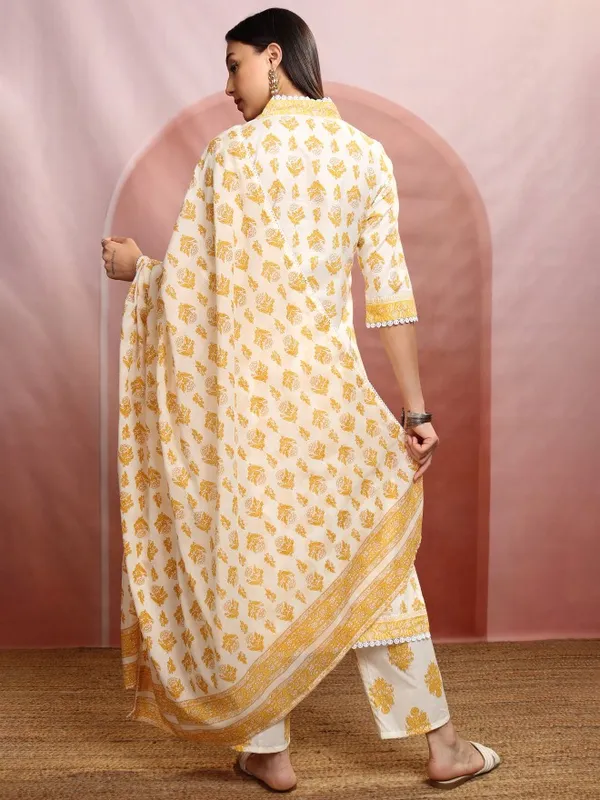 Vishudh Women Cream Printed Kurta With Trousers And Dupatta