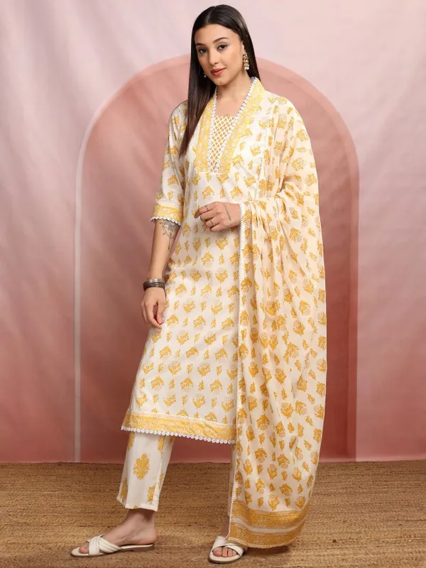 Vishudh Women Cream Printed Kurta With Trousers And Dupatta