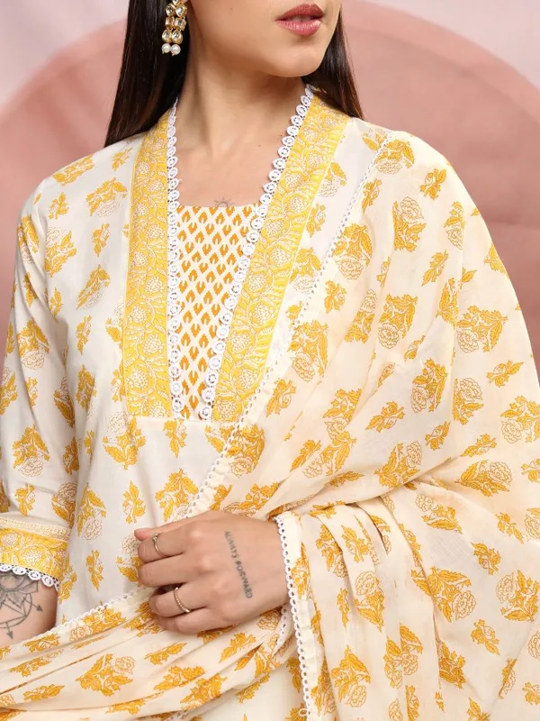 Vishudh Women Cream Printed Kurta With Trousers And Dupatta