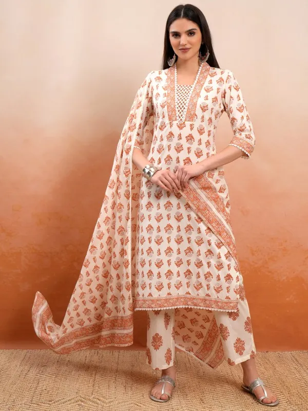 Vishudh Women Cream Printed Kurta With Trousers And Dupatta