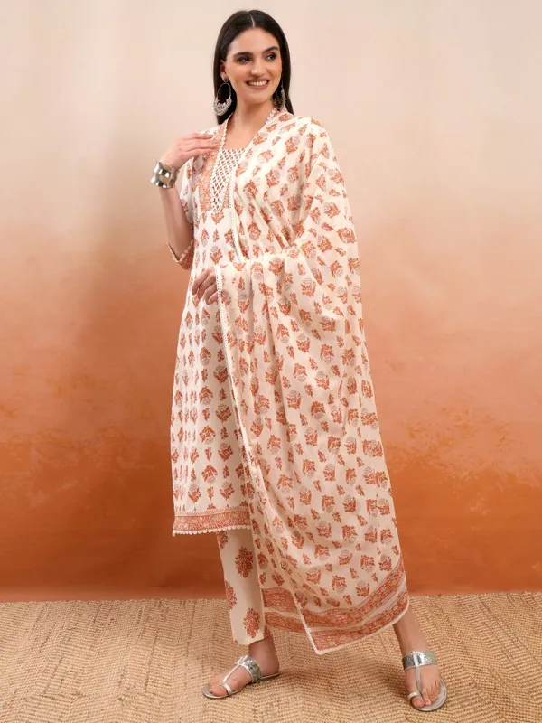Vishudh Women Cream Printed Kurta With Trousers And Dupatta