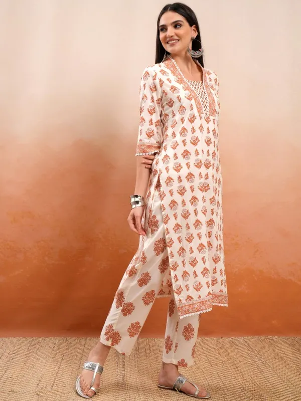 Vishudh Women Cream Printed Kurta With Trousers And Dupatta