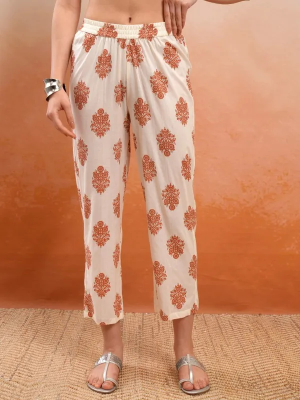 Vishudh Women Cream Printed Kurta With Trousers And Dupatta