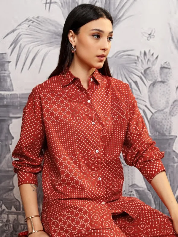 Vishudh Women Rust Shirt With Trousers Co-Ords