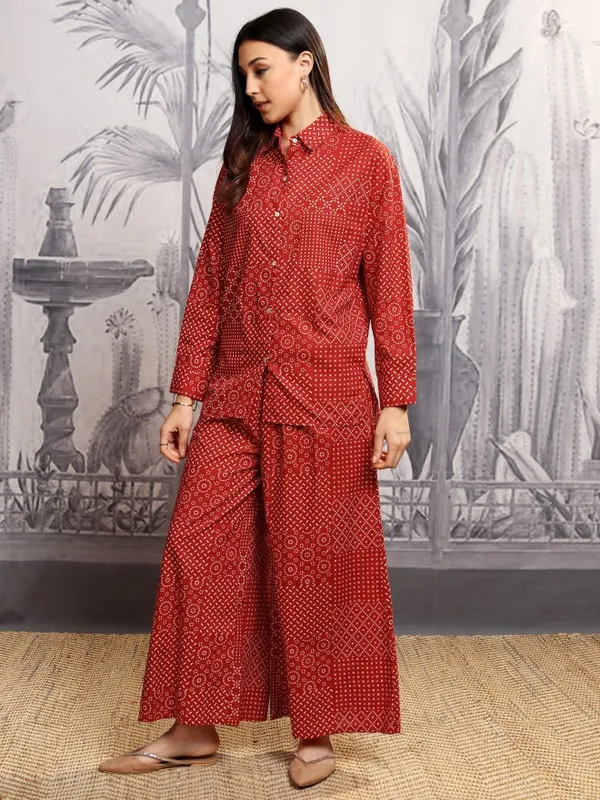 Vishudh Women Rust Shirt With Trousers Co-Ords