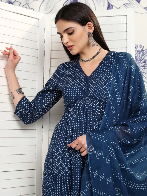 Vishudh Women Navy Blue Printed Kurta With Trousers And Dupatta