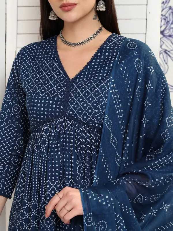 Vishudh Women Navy Blue Printed Kurta With Trousers And Dupatta
