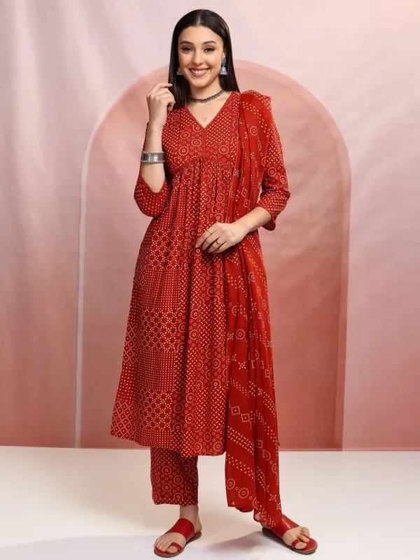 Vishudh Women Red Printed Kurta With Trousers And Dupatta