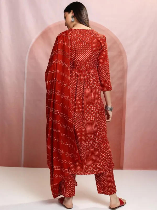 Vishudh Women Red Printed Kurta With Trousers And Dupatta