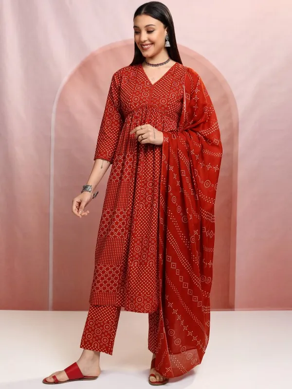 Vishudh Women Red Printed Kurta With Trousers And Dupatta