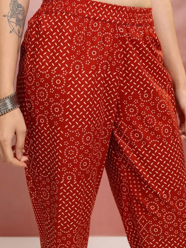 Vishudh Women Red Printed Kurta With Trousers And Dupatta