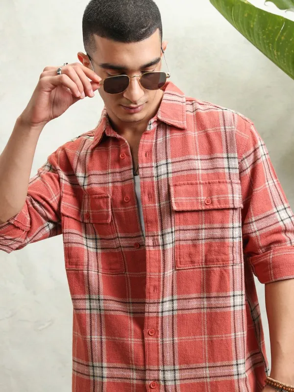 Highlander Men Rust Textured Dobby Checked Utlity Pocket Utility Pocket Oversized Shirt