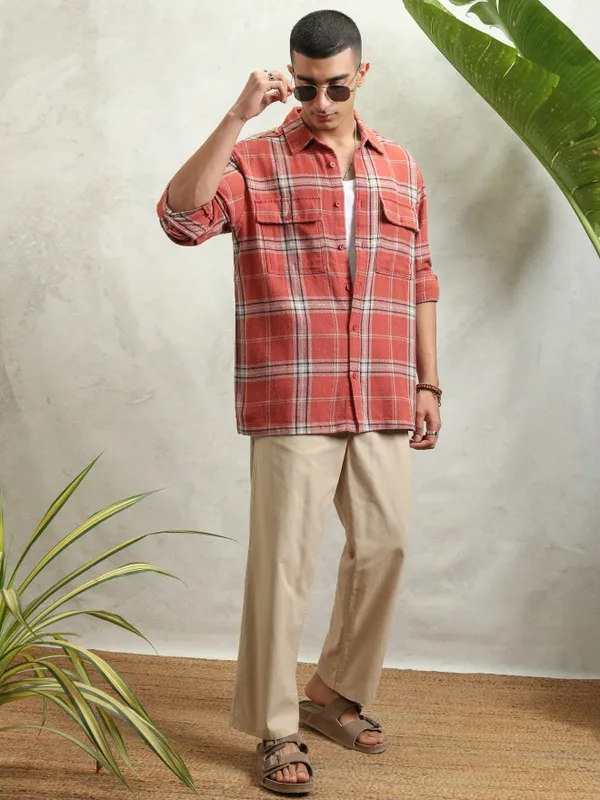 Highlander Men Rust Textured Dobby Checked Utlity Pocket Utility Pocket Oversized Shirt