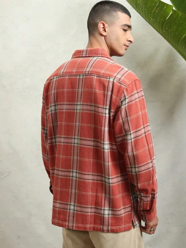 Highlander Men Rust Textured Dobby Checked Utlity Pocket Utility Pocket Oversized Shirt