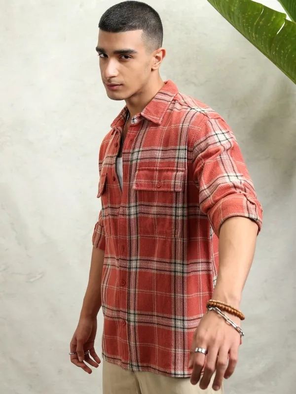 Highlander Men Rust Textured Dobby Checked Utlity Pocket Utility Pocket Oversized Shirt