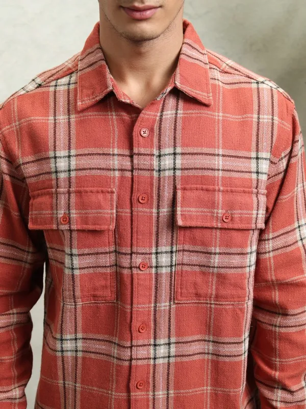 Highlander Men Rust Textured Dobby Checked Utlity Pocket Utility Pocket Oversized Shirt