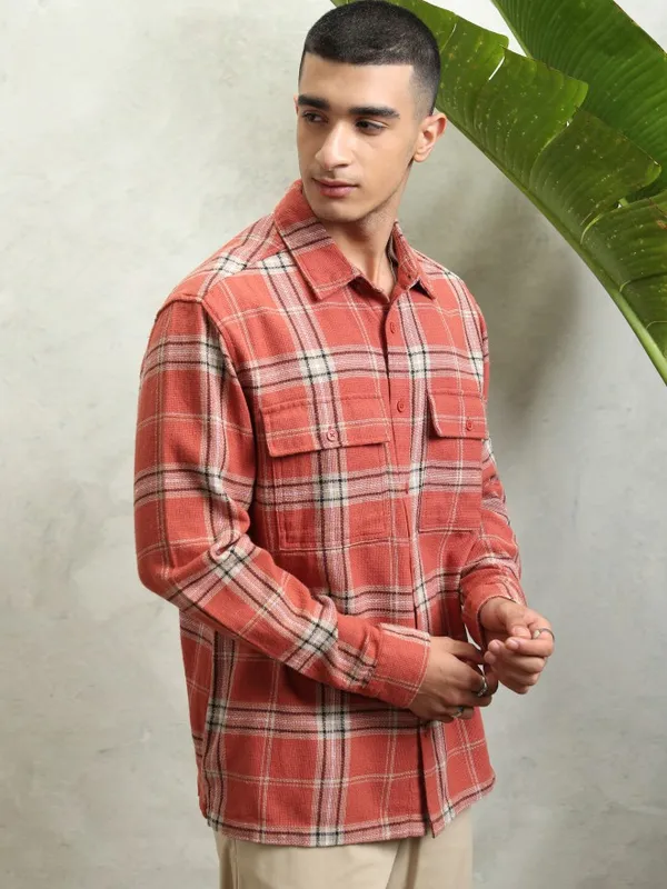 Highlander Men Rust Textured Dobby Checked Utlity Pocket Utility Pocket Oversized Shirt