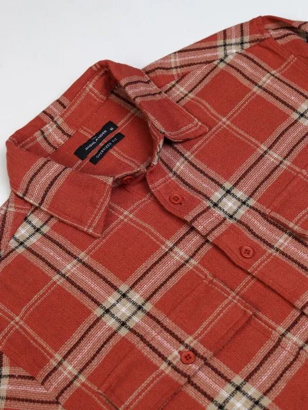 Highlander Men Rust Textured Dobby Checked Utlity Pocket Utility Pocket Oversized Shirt