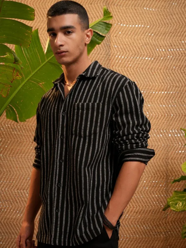 Highlander Men Black Striped Relaxed Fit Casual Shirt