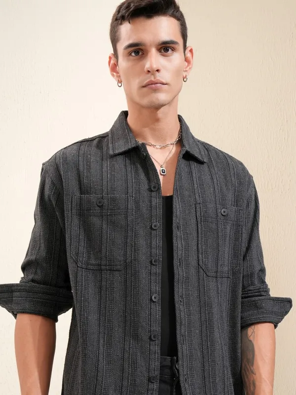 Highlander Men Black Striped Oversized Fit Casual Shirt