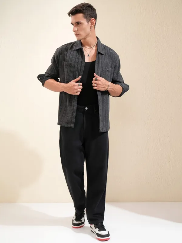 Highlander Men Black Striped Oversized Fit Casual Shirt