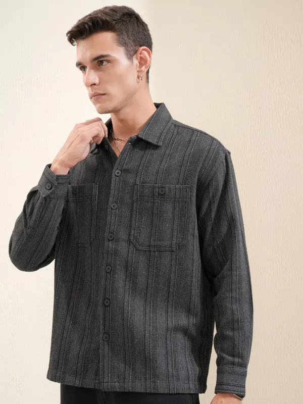 Highlander Men Black Striped Oversized Fit Casual Shirt