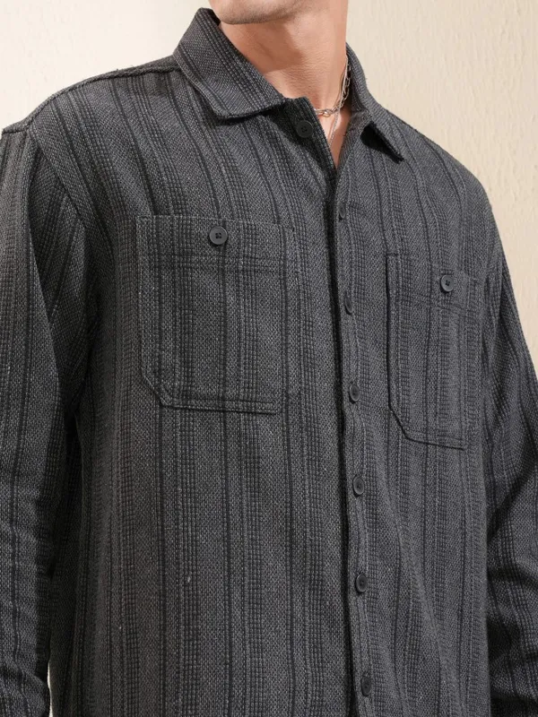 Highlander Men Black Striped Oversized Fit Casual Shirt