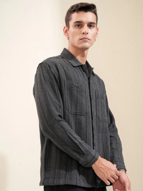 Highlander Men Black Striped Oversized Fit Casual Shirt