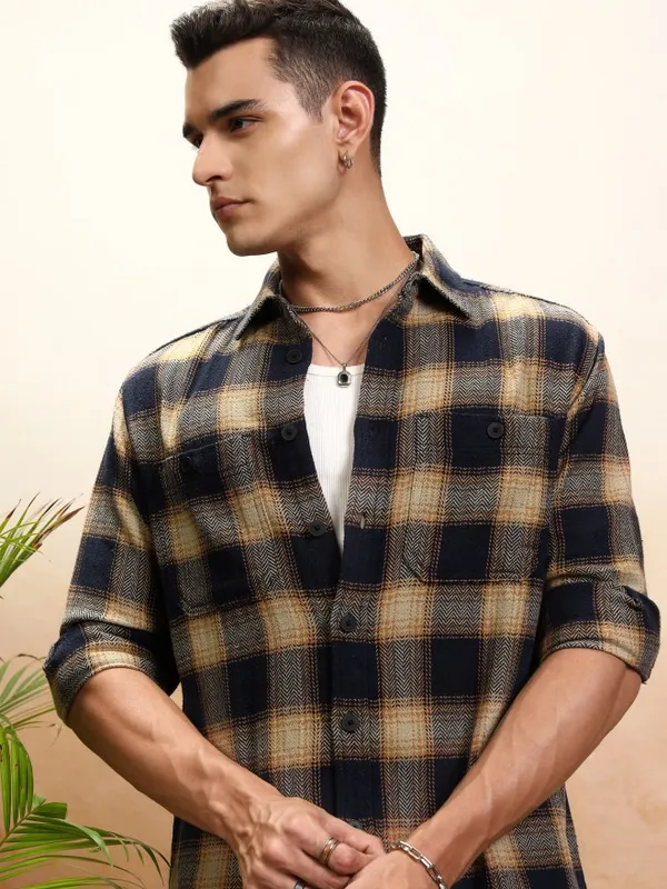 Highlander Men Navy Blue Checked Oversized Fit Casual Shirt