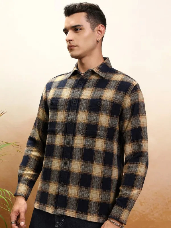 Highlander Men Navy Blue Checked Oversized Fit Casual Shirt