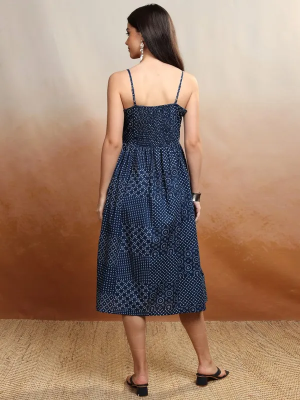 Vishudh Women Navy Blue Printed Fit and Flare Dress