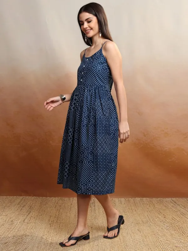Vishudh Women Navy Blue Printed Fit and Flare Dress