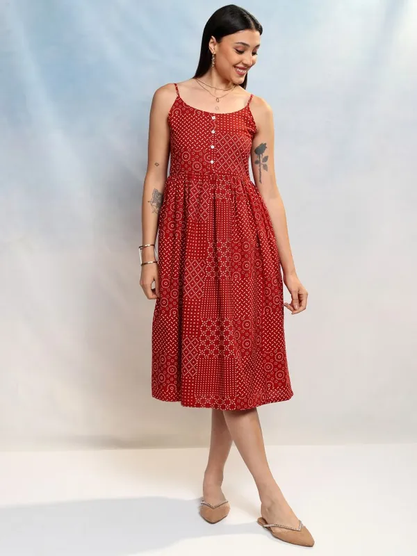Vishudh Women Terracotta Printed A-Line Dress
